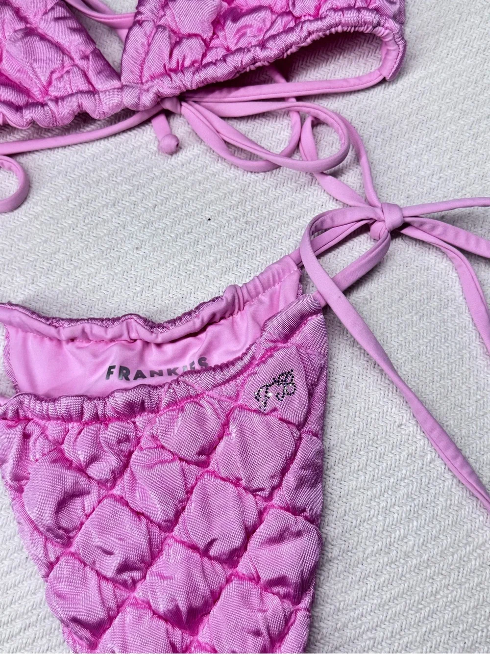Frankie’s Bikinis Tia Eyelet Pink Puff Set Rhinestones Swim 2 Piece Small